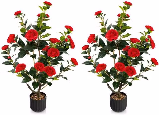 Costway 2 Pack Artificial Red Camellia Tree Faux Floral Plants