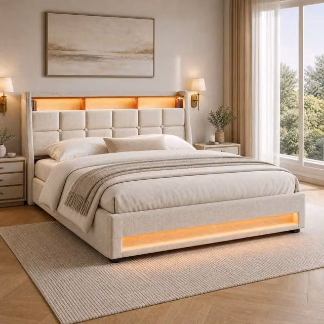 STILVORA Upholstered Double Bed Frame in Beige with Lift-Up Storage, LED Under-Bed Lighting, USB Charging Ports and Bedside Shelves, W/D/H: 140 x 200 cm – 1