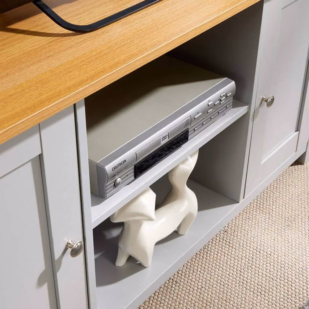 Home Source Modern Matt Grey TV Media Stand with 2 Storage Cupboards and Shelf – 4