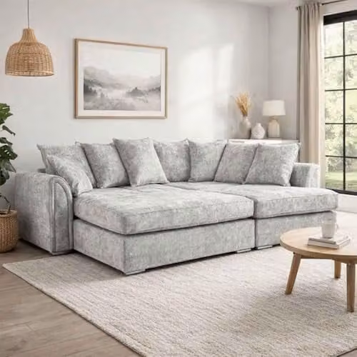 Furnishings For Less UK Chiswick 4 Seater Fabric Corner Sofa Bed with Footstool, Silver Grey, Right Hand Facing