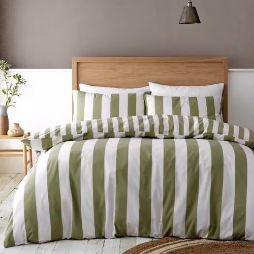 Catherine Lansfield Cove Stripe Reversible Double Duvet Cover and Pillowcase Set in Green and White, W/D/H: 200 x 200 cm and 50 x 75 cm
