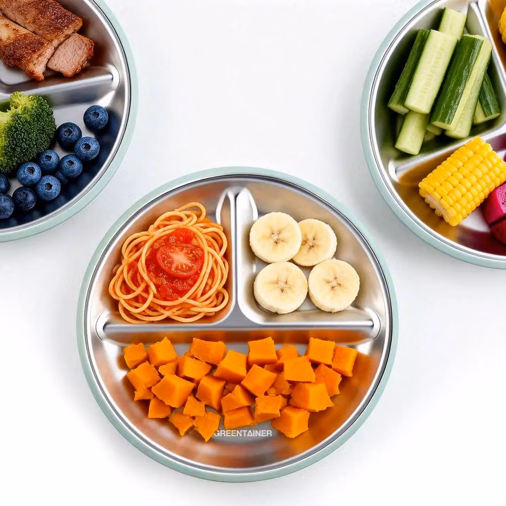 Greentainer 3-Piece BPA-Free Stainless Steel and Silicone Divided Plate Set with Suction Base, Green – 5
