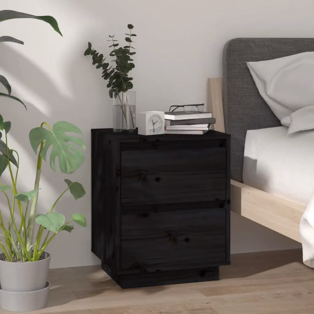 Berkfield Home Set of 2 Black Solid Wood Pine Bedside Cabinets, W: 40 cm, D: 35 cm, H: 50 cm – 3