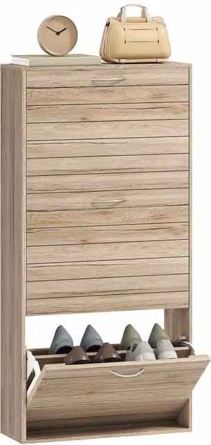HOMCOM Slim Shoe Storage Cabinet with 3 Tilting Compartments in Light Oak Wood Grain – 1