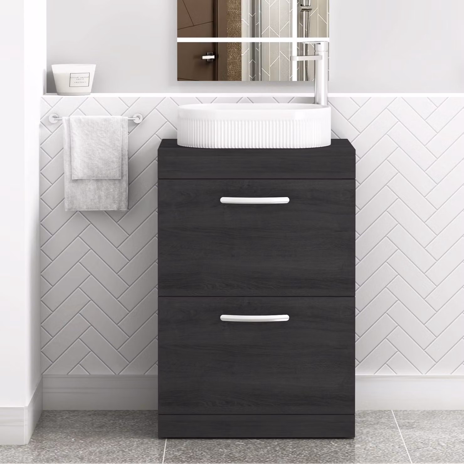 Royal Bathrooms Turin 600mm Floor Standing 2 Drawer Vanity Unit with Countertop Basin in Matt Black