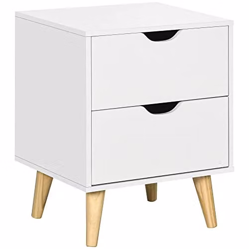 HOMCOM White Bedside Cabinet with 2 Drawers and Pine Wood Legs, W: 40 cm, D: 35 cm, H: 50.5 cm – 1