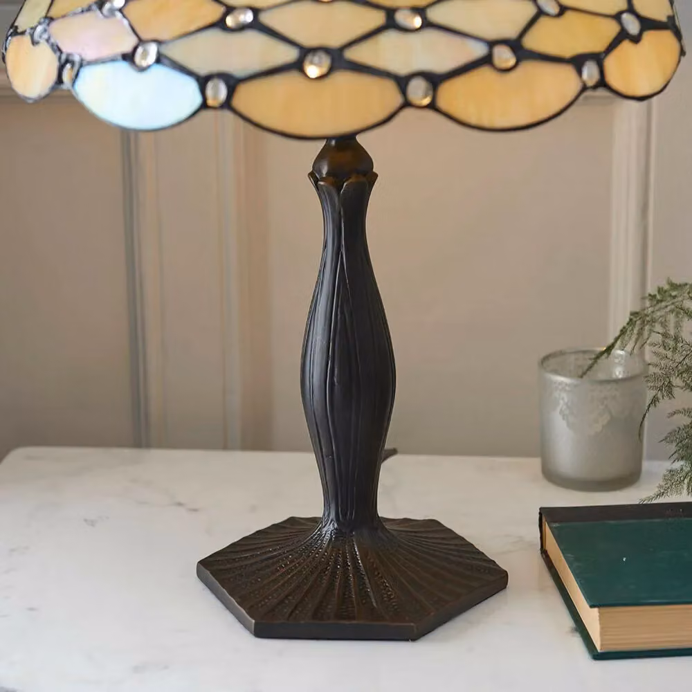 Loops Tiffany Glass Table Lamp in Bronze and Rich Cream with Geometric Shade – 3