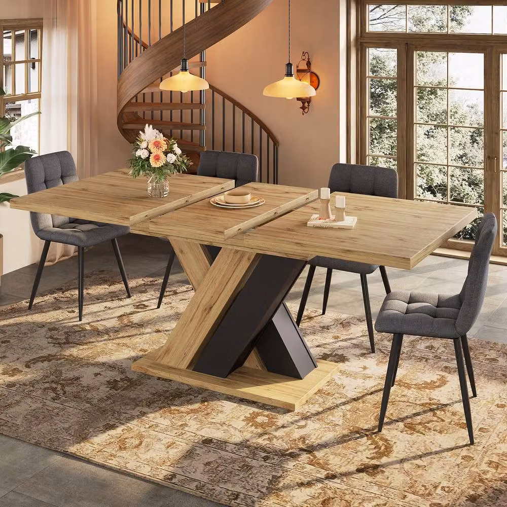 BTM Extendable Rectangular Dining Table with X-Frame Legs in Brown and Sand, W: 119 cm, D: 80 cm, H: 75 cm – 2