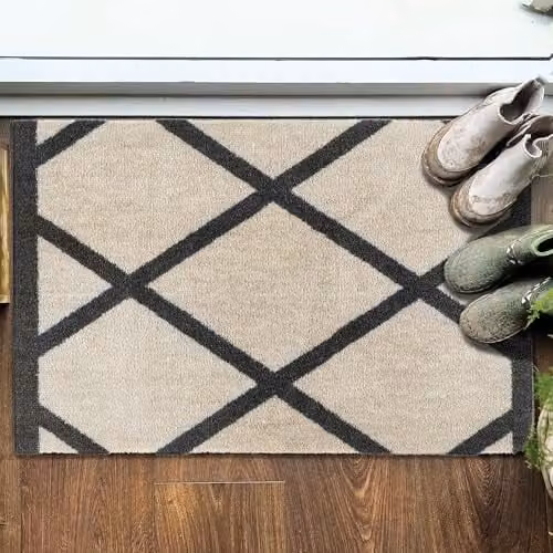 My Mat Border Geo Washable Polyamide Indoor Mat in White, Black and Beige, W: 50 cm, D: 75 cm