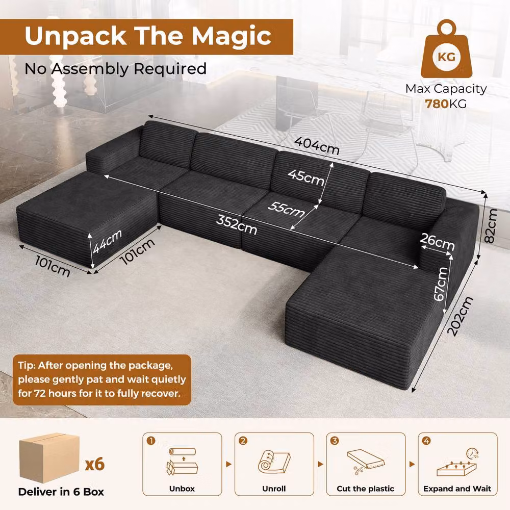 Dprodo Black Corduroy Modular U-Shape Sofa with Matching Ottoman and Removable Covers – 2