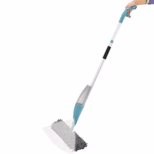 AMOS Extendable Spray Mop in Blue and Silver with Refillable Water Tank and 2 Washable Microfibre Pads for Wet and Dry Cleaning