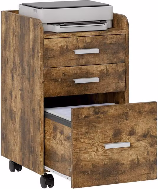 Rolipo 3-Drawer Mobile Filing Cabinet with A4 Letter Hanging Files in Brown