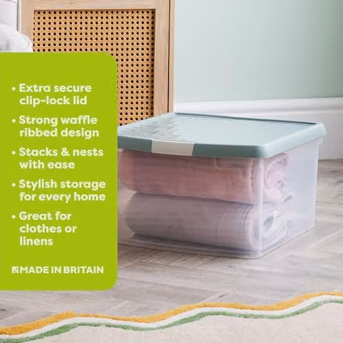 Wham 4 x 25.5L Square Stackable Plastic Storage Boxes with Lids, Transparent and Green – 2