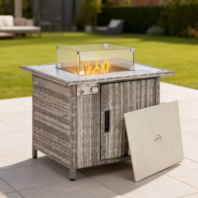 ERGOVEXA Grey Rattan Gas Fire Pit Dining Table with Rain Cover