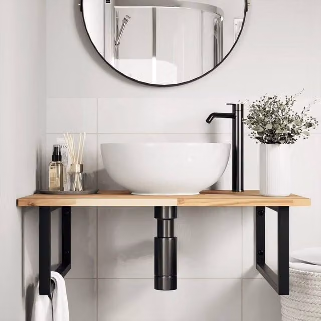 Berkfield Home Elegant Wall Mounted Basin Shelf in Brown Acacia Wood and Black Steel