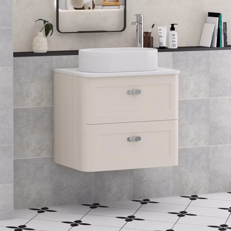 Royal Bathrooms Henley 600mm Wall Hung Vanity Unit in Mushroom Cashmere with Lyon Basin and Plain White Worktop