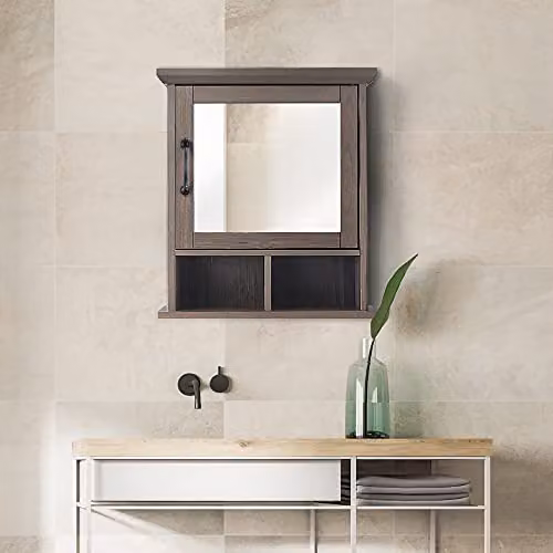 Teamson Home Russell Rustic Oak Wooden Wall Mounted Bathroom Medicine Cabinet with Mirrored Hinged Doors, W/D/H: 45.7 x 15.2 x 52.3 cm – 2