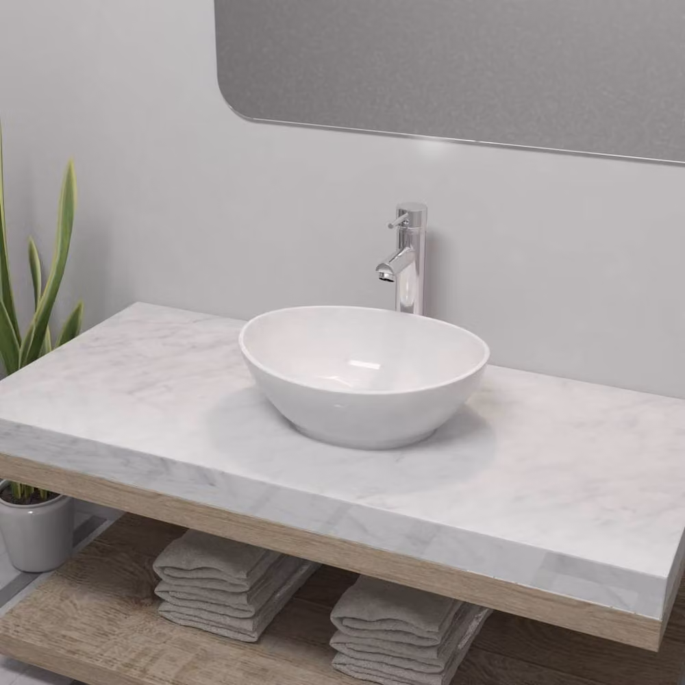 Berkfield Home White Ceramic Oval Bathroom Basin with Mixer Tap – 2