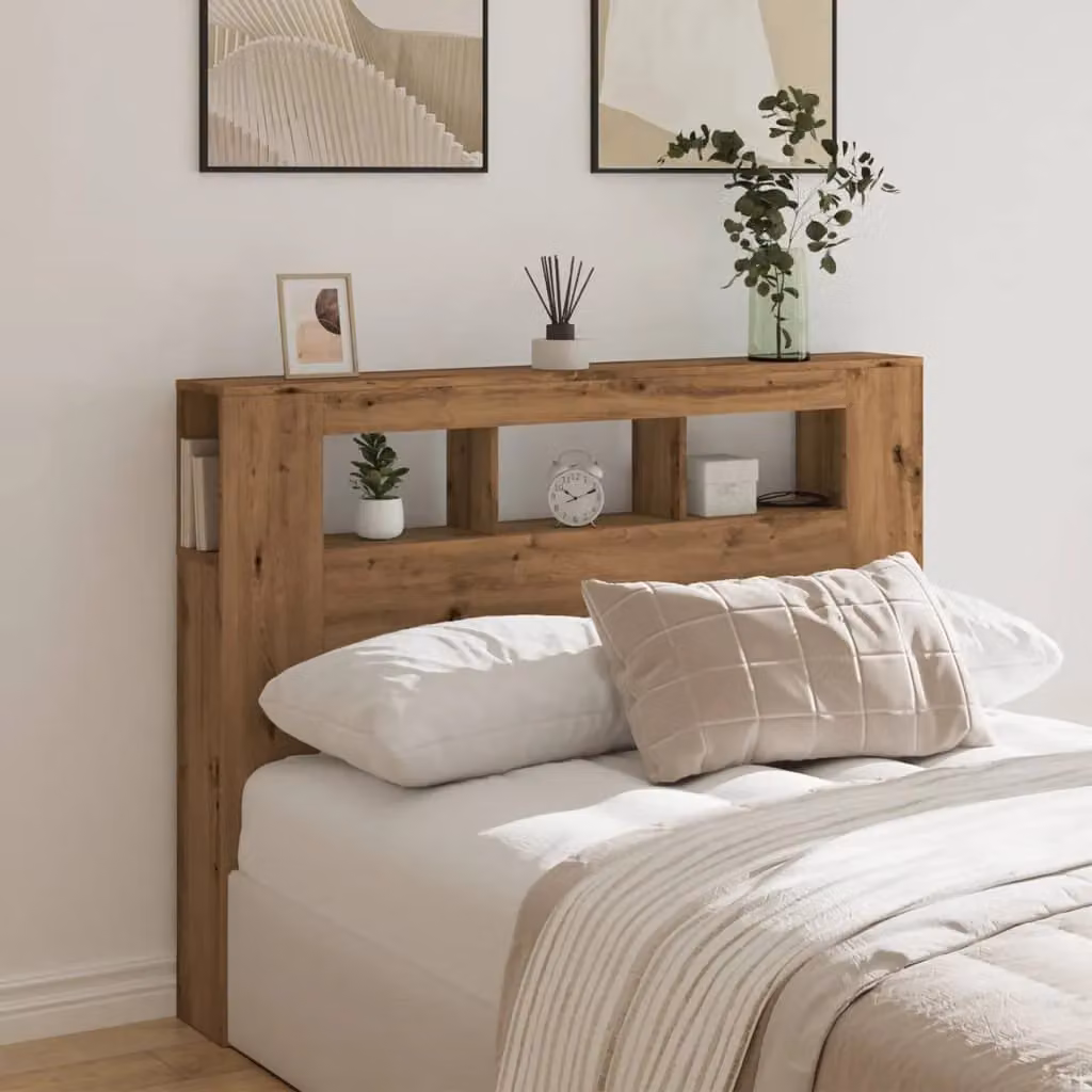 Berkfield Home Artisan Oak LED Headboard in Brown with Integrated Lighting, Shelf and USB Charging Port, W: 140 cm, D: 18.5 cm, H: 103.5 cm – 3