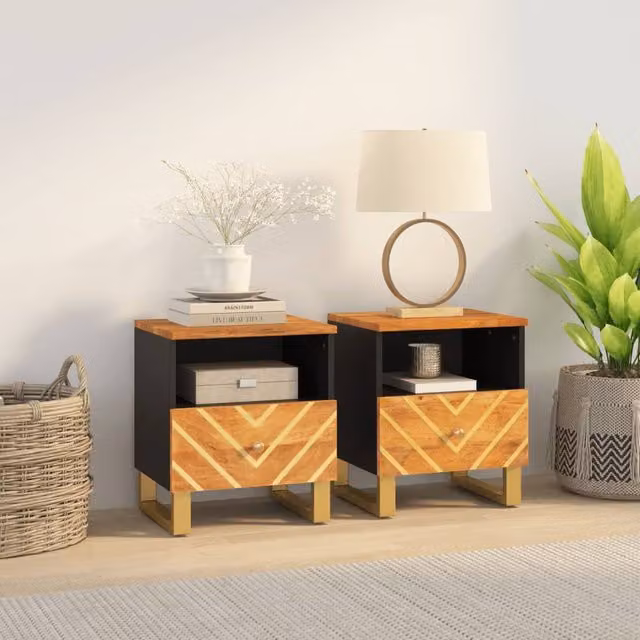 Berkfield Home Set of 2 Modern Mango Wood Bedside Cabinets in Brown and Black – 1