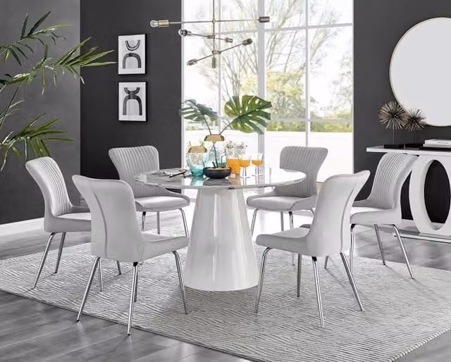 Furniturebox Palma White Marble Effect Round Dining Table and 6 Nora Silver Leg Chairs in Grey