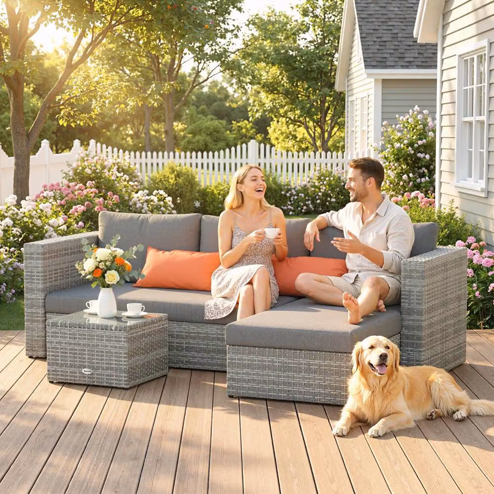 OUTSUNNY 3 Piece Grey PE Rattan Outdoor Sofa Set with Cushions and Tempered Glass Table – 2