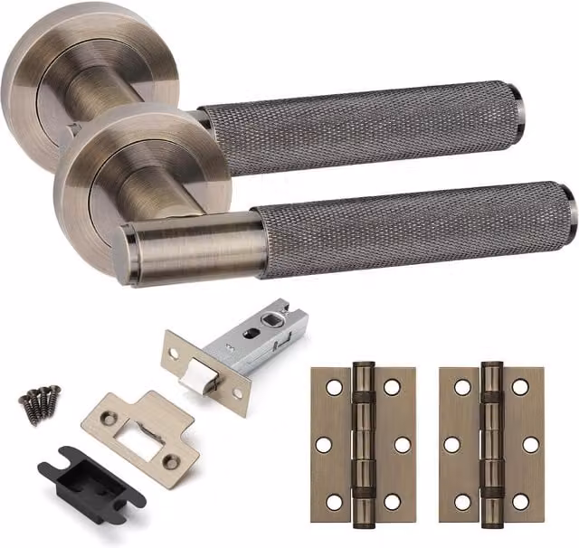 Golden Grace Knurled T-Bar Door Handles with Round Rose Internal Set in Antique Brass