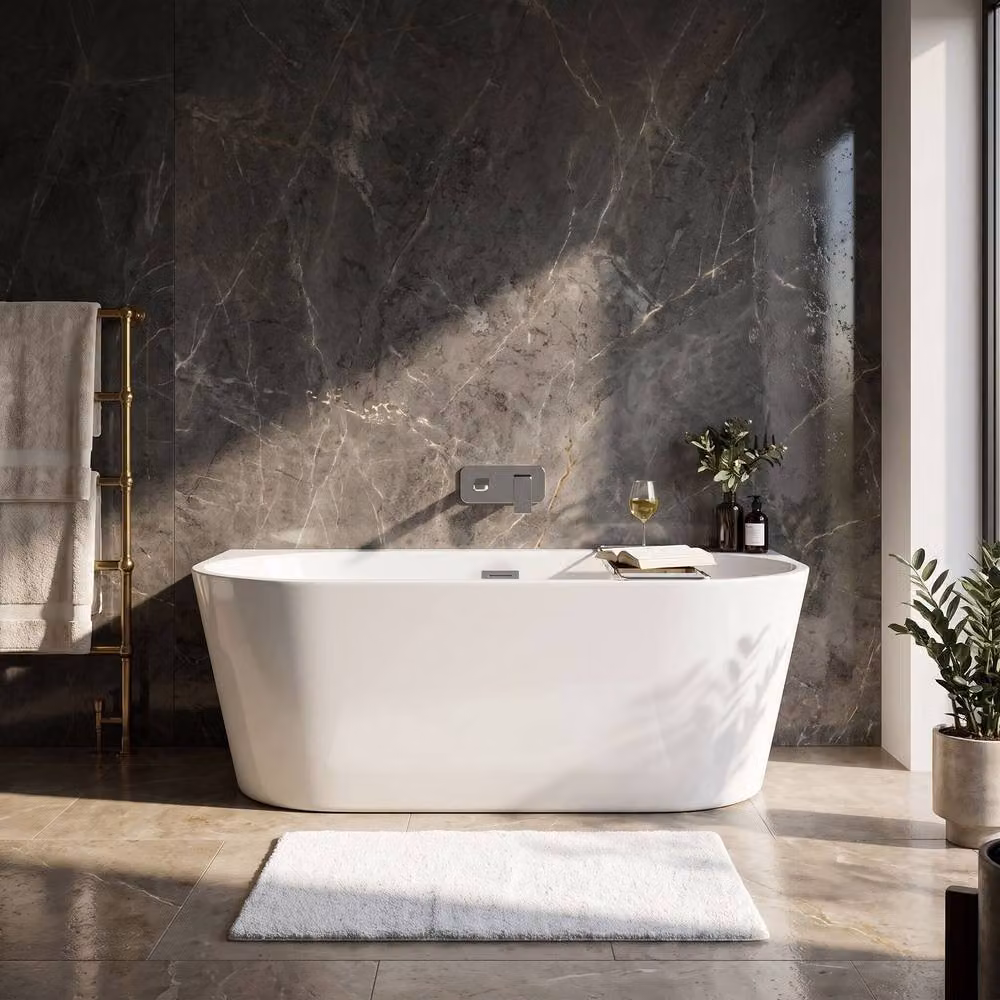 Balterley Contemporary Rectangular Back To Wall Freestanding Acrylic Bath in White W: 160 cm, D: 75 cm, H: 59 cm – 4