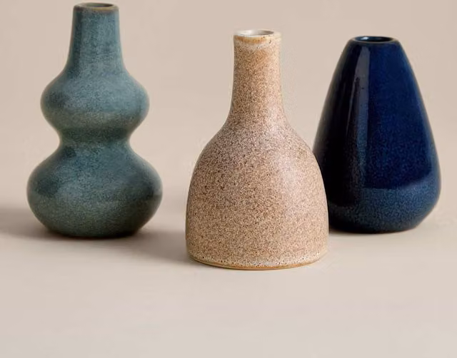 M&S Set of 3 Reactive Glaze Ceramic Bud Vases in Multicolour