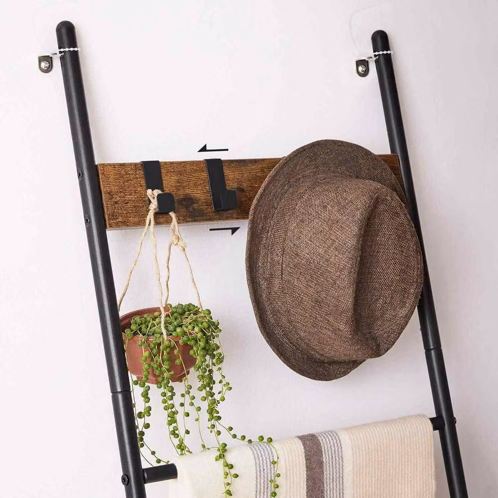 The Bazaarist 5 Tier Industrial Ladder Shelf with Towel Rack and Hooks in Brown and Black – 4