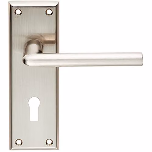 Loops Pair Rounded Lever on Lock Backplate Door Handles in Brushed Silver, W: 150 mm, H: 50 mm