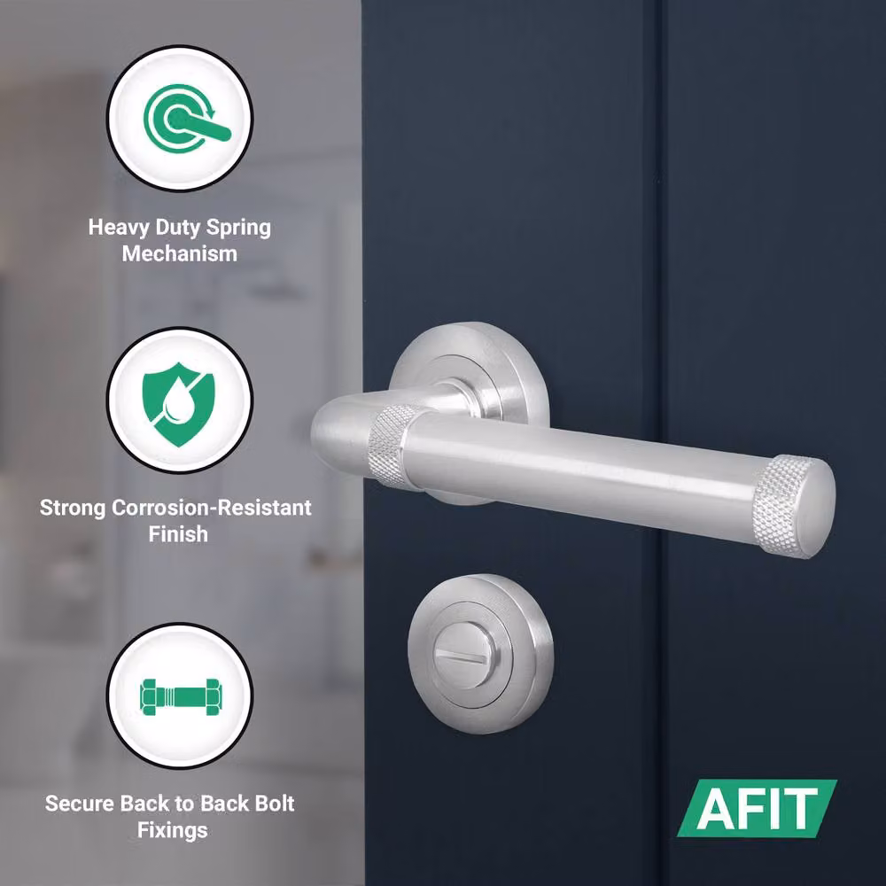AFIT Satin Nickel Bathroom Door Handle Set in Silver with Lock and Hinges – 2