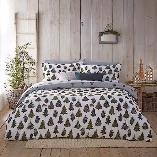 Riva Home Evergreen Reversible Dotted Cotton Flannelette Duvet Cover and Pillowcase Set in Green and White, W/D/H: 220 x 220 x 230 cm – 1