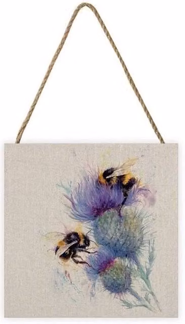 Jane Bannon Bees On Thistle Wooden Wall Plaque in Taupe and Multicolour