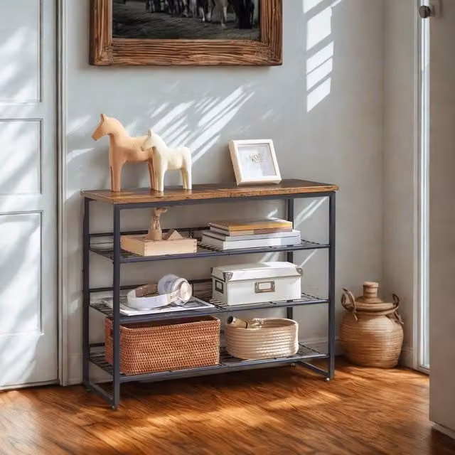 FURNOS 4-Tier Hallway Shoe Rack Storage with Adjustable Mesh Shelves in Brown – 1