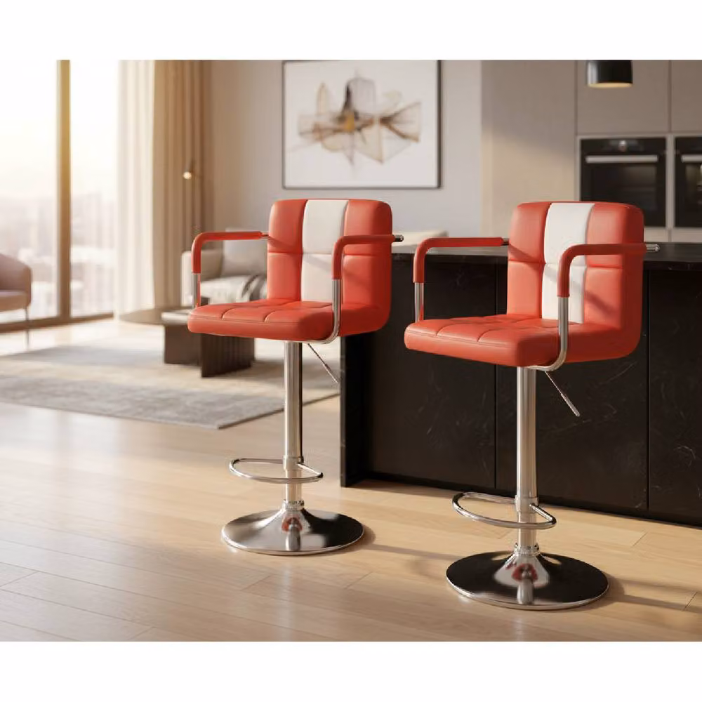 Netfurniture Pair of Tarina Retro American Diner Bar Stools in Red with Padded Upholstery and Adjustable Height – 2