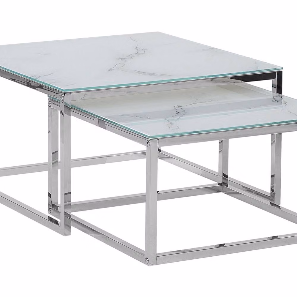 Wyld and Coco Nest of 2 Square White Marble-Top Coffee Tables with Silver Metal Frame – 2
