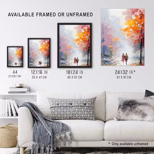 Artery8 Lovers Autumn Walk Oil Painting Poster Print in Orange, Pink and Blue, W/H: 46 x 61 cm – 3