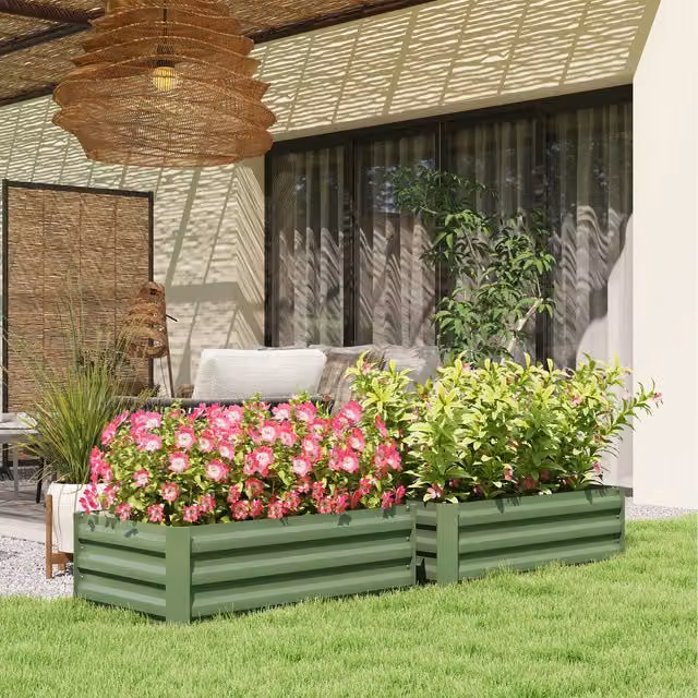 Outsunny Set of 2 Green Galvanised Steel Raised Garden Beds for Flowers and Herbs