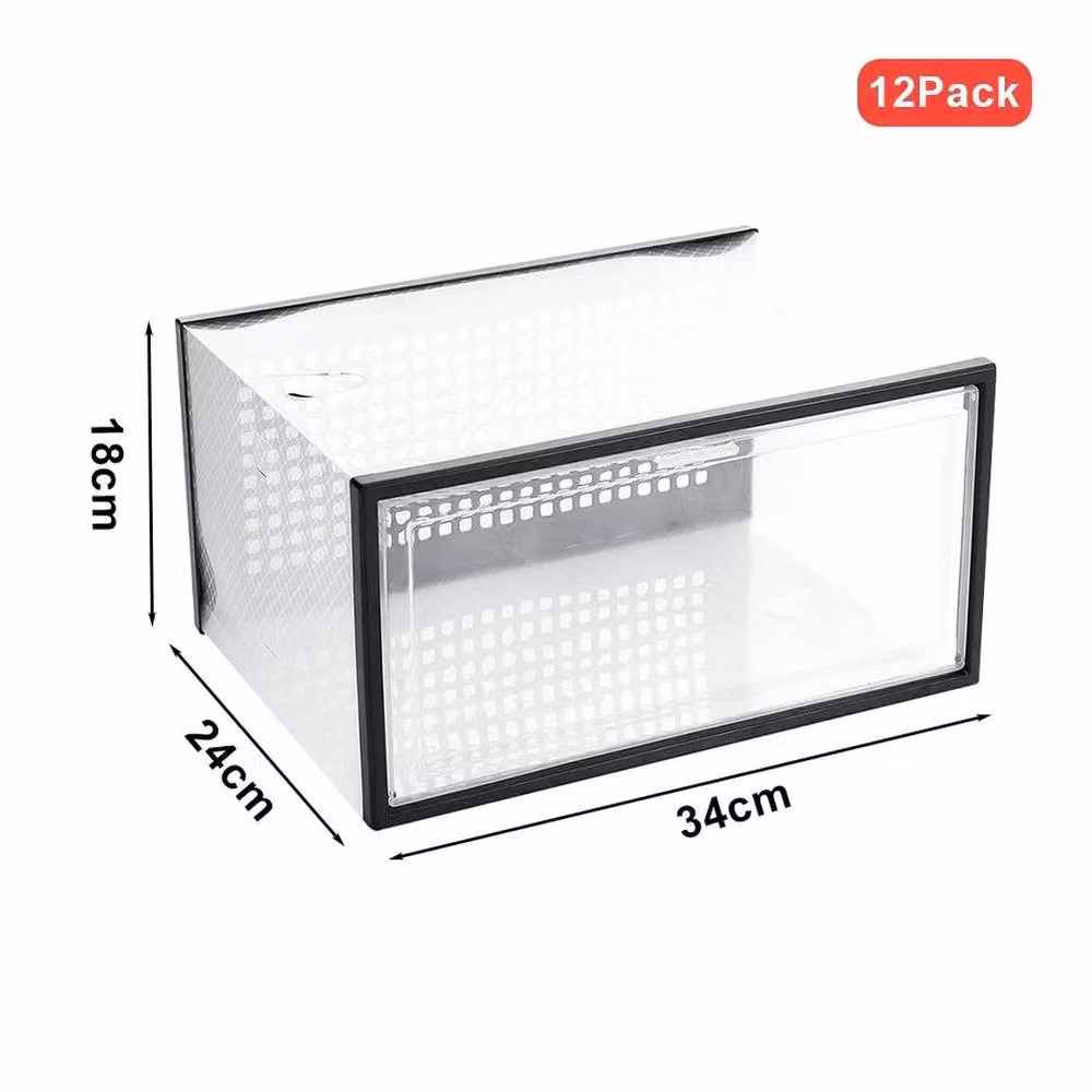 KORVIXA 12 Piece Stackable Plastic Shoe Storage Boxes, Black and Transparent, W: 50 cm, D: 50 cm, H: 50 cm – 2