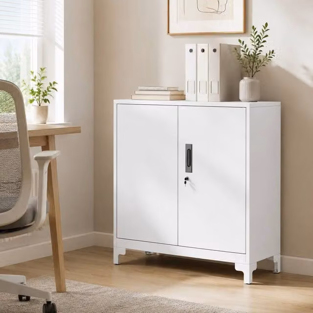 STILVORA Lockable Metal Filing Cabinet with 2 Shelves and Hinged Doors, White