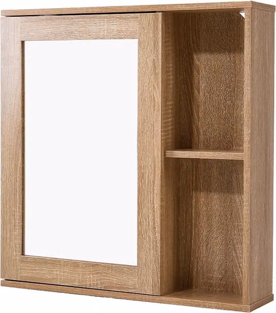 Livingandhome Wall-Mounted Modern Bathroom Mirror Cabinet with Hinged Doors and Internal Shelves in Brown and Silver