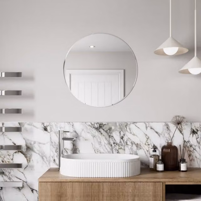 Bathwell Round Bevelled Edge Modern Wall Mounted Glass Bathroom Mirror, W: 60 cm, H: 60 cm, Silver
