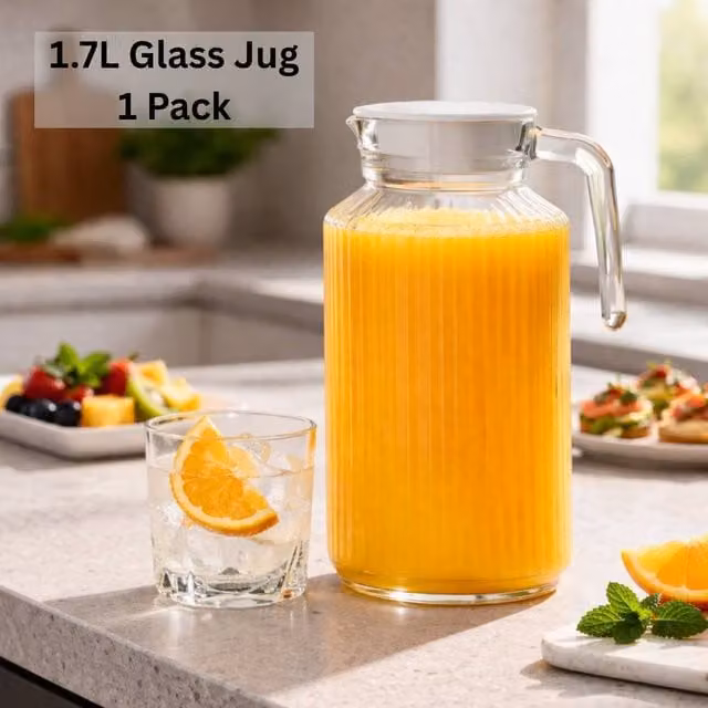 Volila 2 Pack Clear Glass Juice Jugs with Lid, 1.7 l each