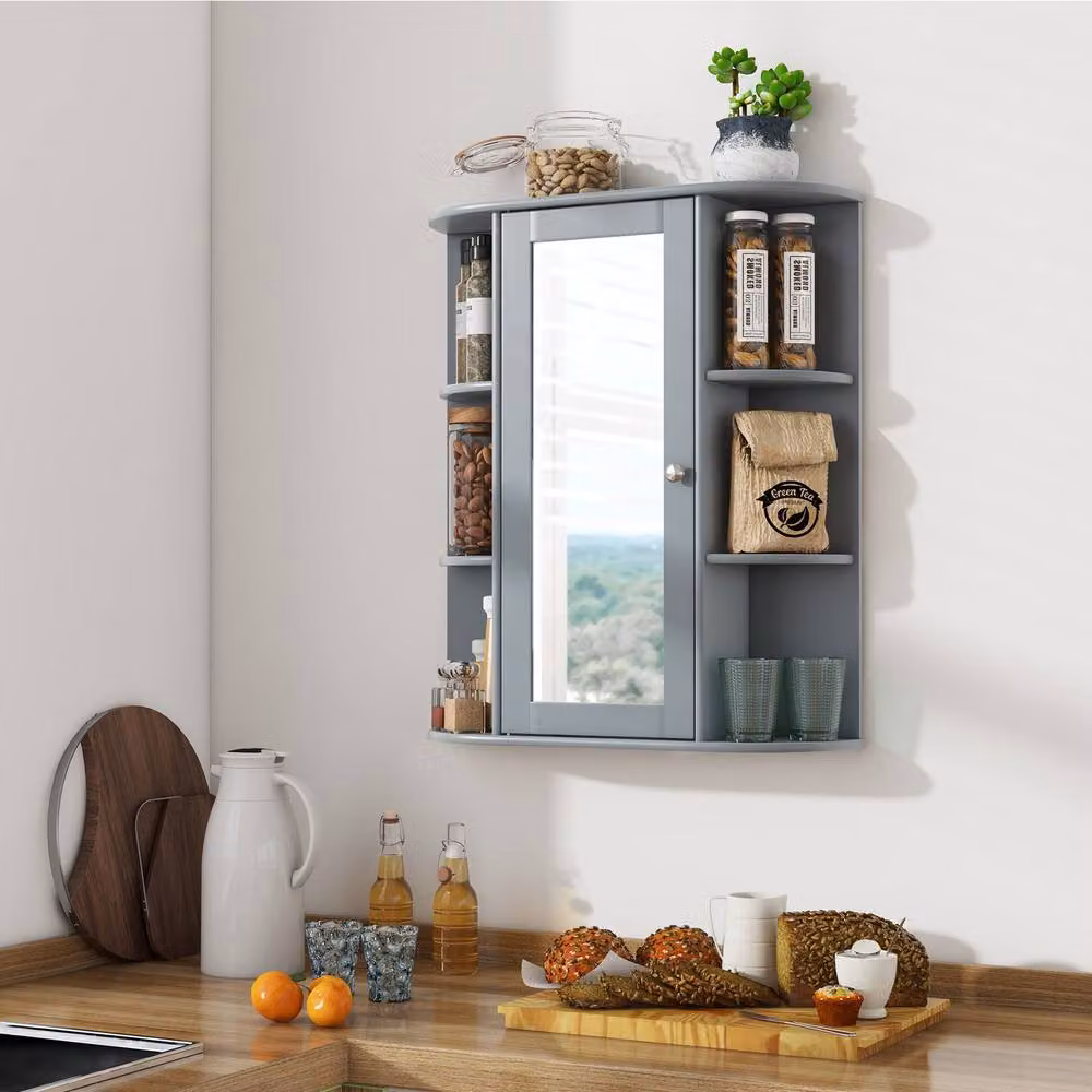 Costway Grey Wooden Wall Mounted Bathroom Medicine Cabinet with Mirror and Internal Shelves – 5