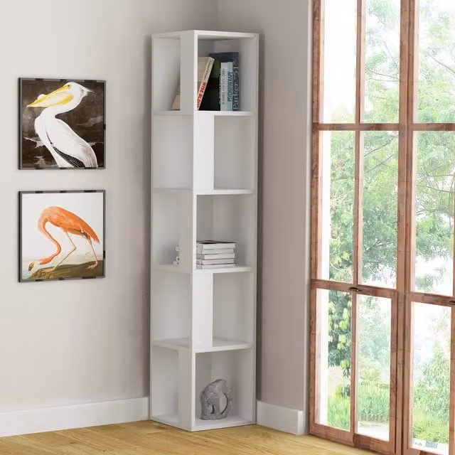 Decortie Modern 5-Tier Corner Bookcase Shelving Unit in White