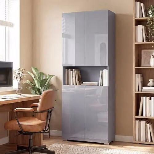 HOMCOM Grey High Gloss Kitchen Pantry Cupboard with Soft Close Doors, H 180 x W 34 x D 42 cm – 3