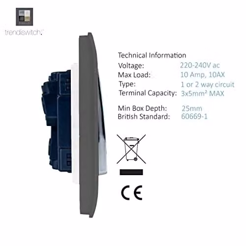 Trendi Minimalist Flush Mains Switch in Grey and Silver – 3