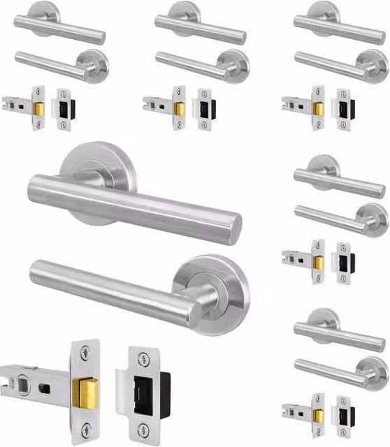 AFIT Olvera Range Satin Silver Round Rose Door Handles with Latch T-Bar, 6 Pair, W: 15.0 cm, D: 15.0 cm