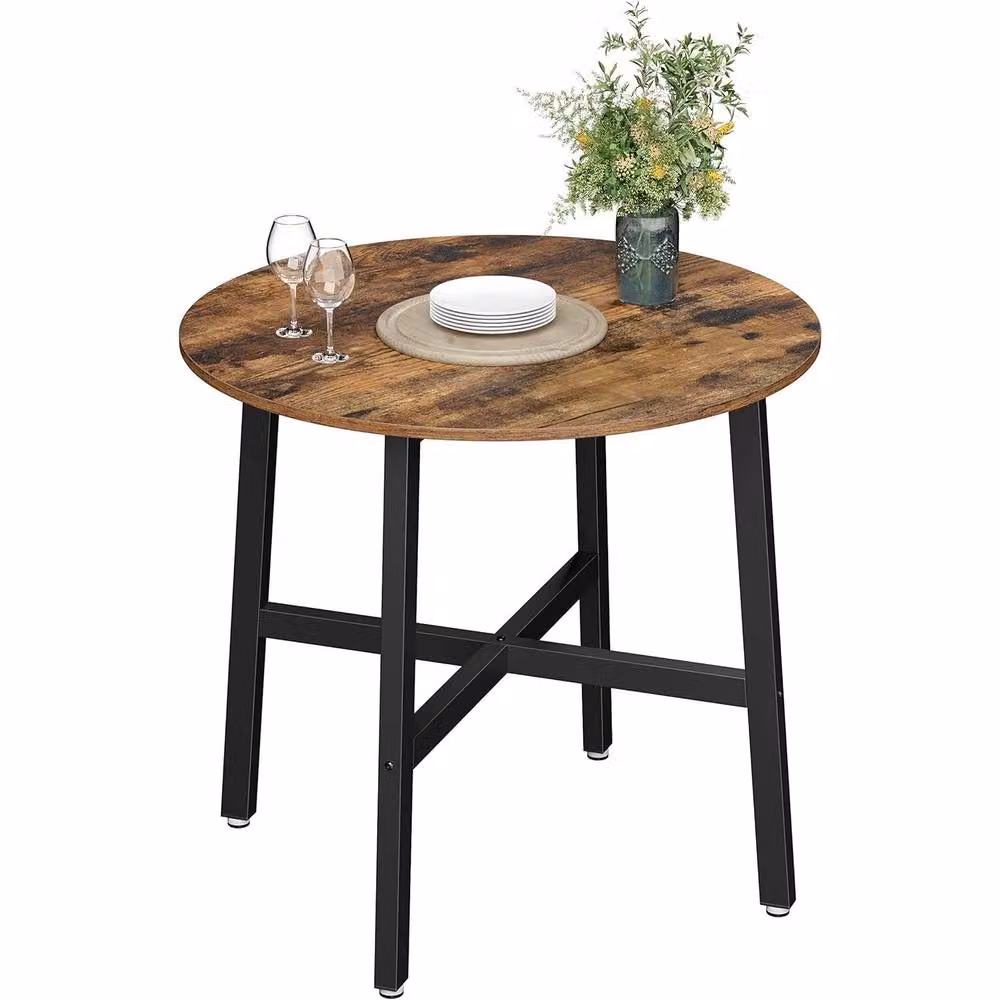The Bazaarist Industrial Round Dining Table in Brown with Easy-Clean MDF Laminate Top – 6